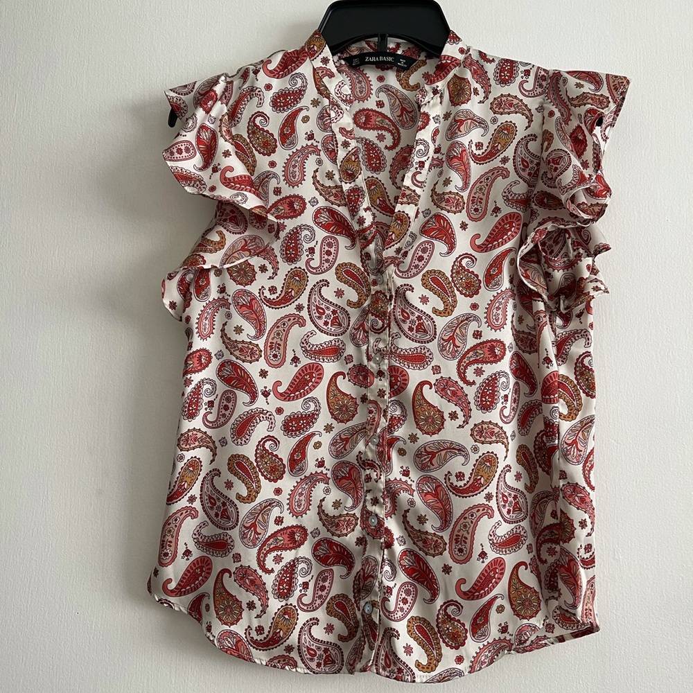 Zara Basic Print Button Front Blouse Ruffle Sleev… - image 2